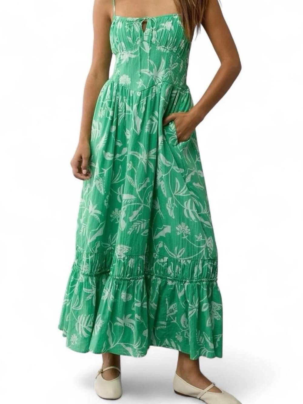 American Eagle Outfitters Green Floral Midi Dress with Tie Front